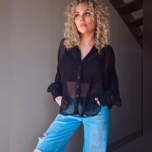Black Sheer Button Up Blouse